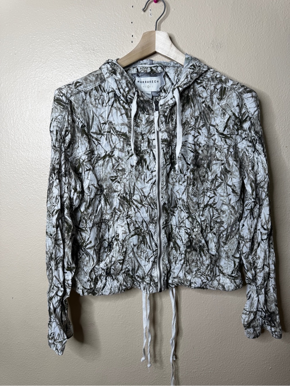 Marrakech Jacket Women Medium Hooded Gray Green Abstract Print Full Zip